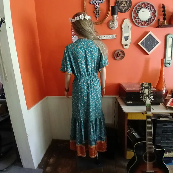 Blue Ruffled Maxi Sundress with Flutter Sleeves - Picture 3 of 6